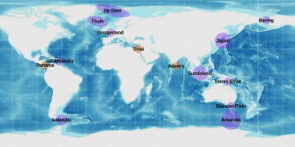 Notable past (purple) and current (orange) land bridges on a bathymetric equirectangular projection centred on 45° E[2]