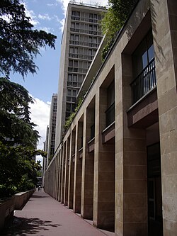 Part of a Fernand Pouillon residential complex constructed from massive blocks of sedimentary limestone