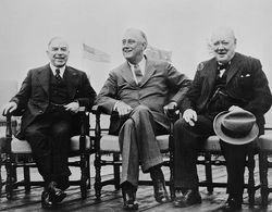 Mackenzie King, Franklin D. Roosevelt and Winston Churchill at the first Quebec Conference, 1943.