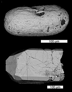 Backscatter electron micrograph of detrital zircons from the Hadean (4.404 ± 0.008 Ga) metasediments of the Jack Hills, Narryer Gneiss terrane, Western Australia