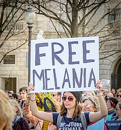 A protester with a "Free Melania" sign