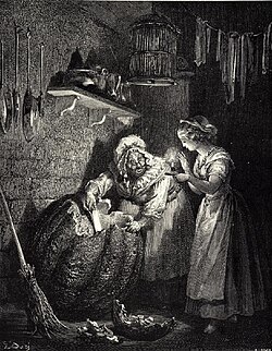 Illustration to Cinderella by Gustave Doré: the fairy godmother preparing an enchantment for her goddaughter Cinderella.