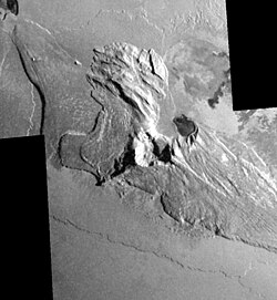Galileo greyscale image of Tohil Mons, a 5.4-km-tall mountain