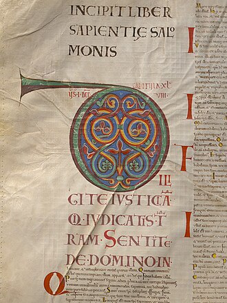 Illuminated initial at the start of the Wisdom of Solomon