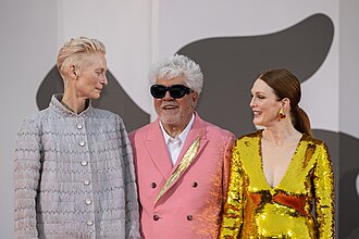Moore, on right, with Tilda Swinton and Pedro Almodóvar at the premiere for The Room Next Door at the 2024 Venice International Film Festival