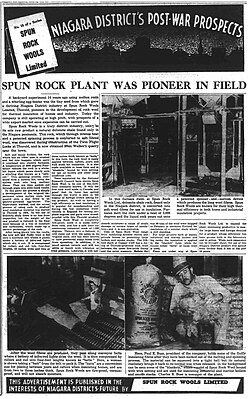 An article from the Niagara Districts Post-War Series published by The Standard in October 1946. The article is focused on Spun Rock Wools Limited in Thorold, Ontario. The plant used stone wool to manufacture thermal insulation.