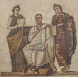 Virgil, holding a manuscript of the Aeneid, flanked by the muses Clio (history) and Melpomene (tragedy). Roman mosaic, third century AD, from Hadrumetum, now in the Bardo Museum, Tunis.