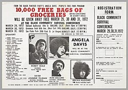 Black Panther Party Free Food Program flier shows images of Black Panther female activists Angela Davis and Ericka Huggins with the title "10,000 Free Bags of Groceries" for the Black Community Survival Conference in March 1972.