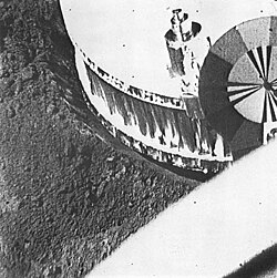 Image from Surveyor 1 of its footpad in order to study soil mechanics in preparation for the Apollo crewed landings.