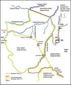 Bozeman Trail, Fort C.F. Smith, Fort Phil Kearny and Fort Reno and relevant Indian territories of 1851. All three military forts along the Bozeman Trail were located in Crow Indian treaty territory, which had been invaded by buffalo hunting Lakotas.