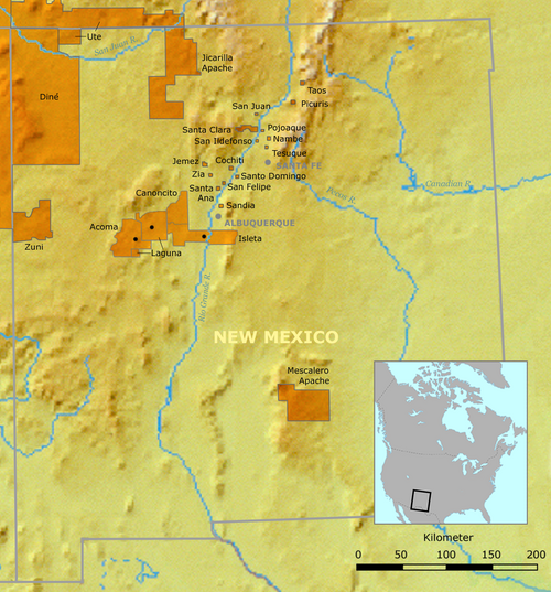 A map of Pueblos in New Mexico, among other Indigenous lands. Not pictured are the Hopi Reservation in Arizona and the Ysleta del Sur Pueblo in Texas.