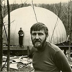Stan Vanderbeek in front of his Movie Drome theater at Stony Point, New York