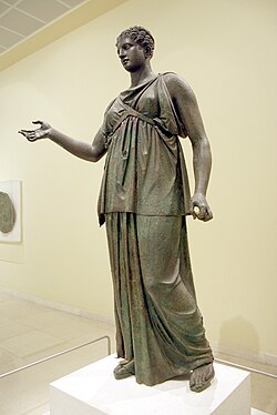 Bronze statue of Artemis (Piraeus Artemis), with a quiver at the back and the pose of the fingers which held a bow. A classicistic work, 4th century BCE attributed to Euphranor. Archaeological Museum of Piraeus.