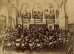 The New York electoral college delegation voting for Benjamin Harrison for president. In the 1888 election, Harrison became one of the five presidents elected without winning the popular vote.