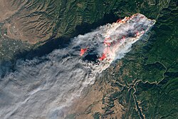 Camp Fire, as seen by the Landsat 8 satellite on November 8, 2018. Red highlights active fire seen in infrared.