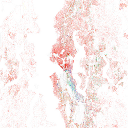 Map of racial distribution in Seattle, 2010 U.S. Census. Each dot is 25 people: ⬤ White ⬤ Black ⬤ Asian ⬤ Hispanic ⬤ Other