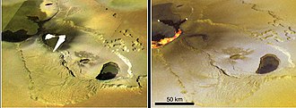 Active lava flows in volcanic region Tvashtar Paterae. The blank region represents saturated areas in the original data. Images taken by Galileo in November 1999 and February 2000.