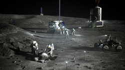 Concept art of Artemis Base Camp at the Lunar south pole with a Foundational Surface Habitat and a Pressurized rover ("Mobile Habitat")