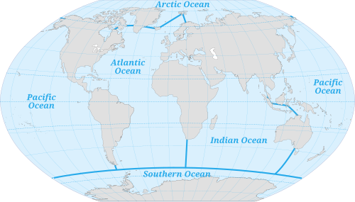 World map of the five-ocean model with approximate boundaries