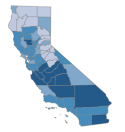 Hispanic and Latino Californians make up the state's largest ethnic group. The map displays California's counties by percentage of Hispanics and Latinos in the 2020 census: 50% or more 25–49% 15–24% 5–15%