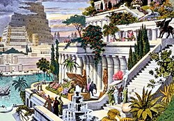 Hanging Gardens of Babylon (19th-century illustration), depicts the Tower of Babel in the background.