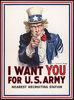 J. M. Flagg's 1917 poster used to recruit soldiers for both World War I and World War II; Flagg used a modified version of his own face for Uncle Sam, and war veteran Walter Botts provided the pose.[5]
