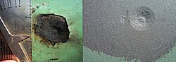 A corrosion pit on the outside wall of a pipeline at a coating defect before and after abrasive blasting