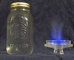 A typical jar of moonshine, with a sample being ignited to produce a blue flame. It was once wrongly thought that the blue flame meant that it was safe to drink.