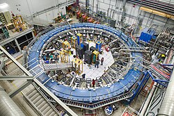 The E989 storage-ring magnet at Fermilab, which was originally designed for the E821 experiment. The geometry allows for a very uniform magnetic field to be established in the ring.