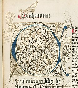 Illumination with doodles and drawings, including an open-mouthed human profile, with multiple tongues sticking out. Copulata, "De Anima", f. 2a. HMD Collection, WZ 230 M772c 1485.