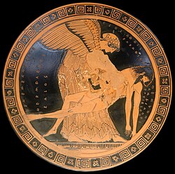 Eos and the slain Memnon on an Attic red-figure cup, ca. 490–480 BCE, the so-called "Memnon Pietà" found at Capua (Louvre).