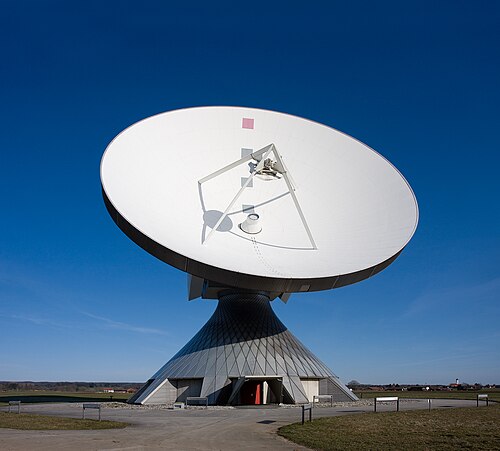 Earth station at the satellite communication facility Raisting Earth Station in Raisting, Weilheim-Schongau, Bavaria, Germany