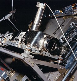 Apollo Lunar Television Camera, as it was mounted on the side of the Apollo 11 Lunar Module when it telecasted Neil Armstrong's "One small step". The camera was stowed upside-down on its top, due to that being its only flat surface.[1]
