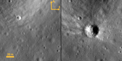 From Rizos et al. 2025[83]. The left panel shows the impact site before the event, while the right panel shows the newly formed crater as imaged by the Lunar Reconnaissance Orbiter Narrow Angle Camera (LROC NAC). The crater measures approximately 35 m in diameter.