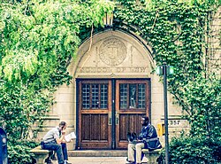 The entrance of Northwestern University Pritzker School of Law's Levy Mayer Hall on the Chicago campus
