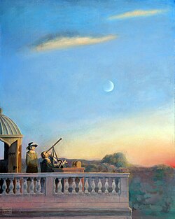 Thomas Harriot observing the Moon through his telescope from the roof of Syon House in west London