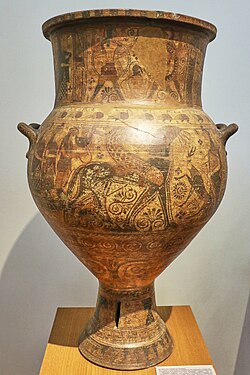 Apollo's return to Delos from Hyperboreans. Artemis holding a deer welcomes Apollo. Cycladic krater (7th cent. BCE) National Archaeological Museum, Athens.