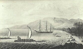 Hawaiian and European ships in Kealakekua Bay in 1829
