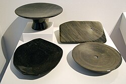 Obsidian worked into plates and other wares by Victor Lopez Pelcastre of Nopalillo, Epazoyucan, Hidalgo. On display at the Museo de Arte Popular, Mexico City