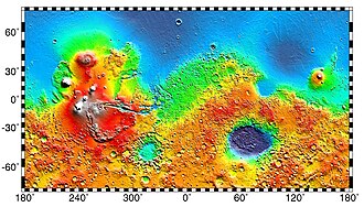 The topography model MEDGRs was developed through range (distance) measurement done by MOLA 2 instrument and radio tracking data of the Mars Global Surveyor (MGS).[36] The highest point is located at the Olympus Mons while the deepest point is located within the Hellas Basin.[36](Brown-Red: Topography high; Green-Blue: Topography low) (Credit: NASA/JPL-Caltech)