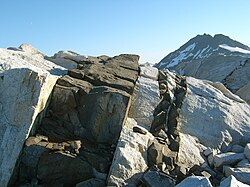 Dark dikes intruded into the country rock, Baranof Island, Alaska, United States