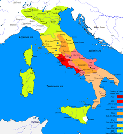 Roman expansion in Italy from 500 BC to 218 BC through the Latin War (light red), Samnite Wars (pink/orange), Pyrrhic War (beige), and First and Second Punic War (yellow and green). Cisalpine Gaul (238–146 BC) and Alpine valleys (16–7 BC) were later added. The Roman Republic in 500 BC is marked with dark red.
