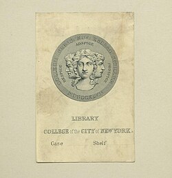 College library bookplate with an early version of the college seal from the era when the institution was named the College of the City of New York, 1866–1929