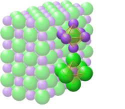 NaCl octahedra. The yellow stipples represent the electrostatic force between the ions of opposite charge