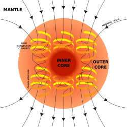 A schematic illustrating the relationship between motion of conducting fluid, organized into rolls by the Coriolis force, and the magnetic field the motion generates.[53]
