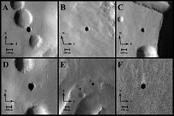 THEMIS image of cave entrances on Mars. The pits have been named (A) Dena, (B) Chloe, (C) Wendy, (D) Annie, (E) Abby (left) and Nikki, and (F) Jeanne.