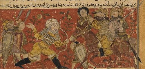 Miniature from an early 14th-century copy of the Samanid-period Tarikhnama of Bal'ami depicting the arrow of old Wahraz killing Masruq, the Ethiopian king of Yemen.