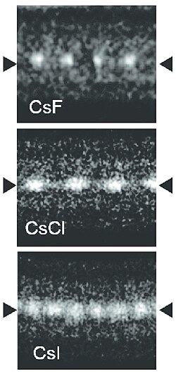 Monatomic caesium halide wires grown inside double-wall carbon nanotubes (TEM image).[37]