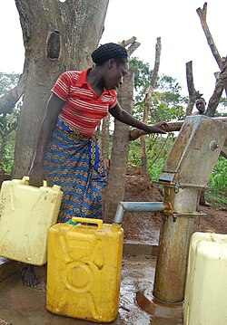 A woman in Uganda collects water from a borehole and attached hand pump