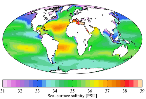 Annual mean sea surface salinity in Practical Salinity Units (psu) from the World Ocean Atlas[121]